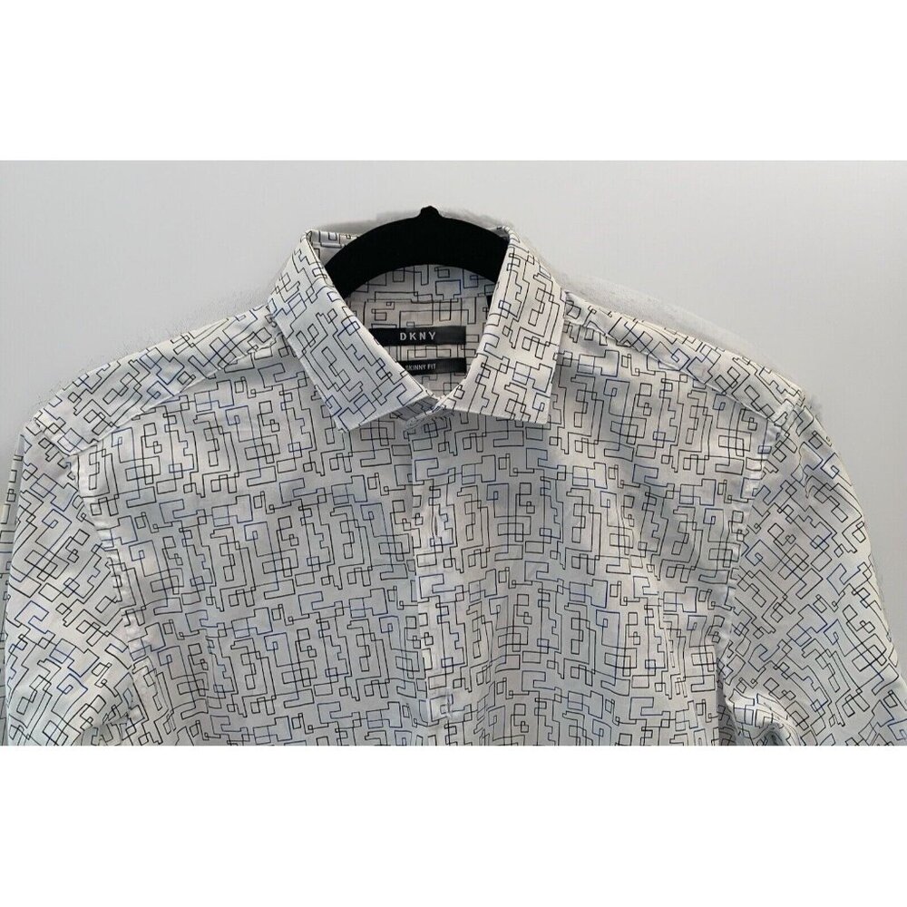 DKNY Boys Size XL 18 White Shirt, Black/Blue Line Pattern